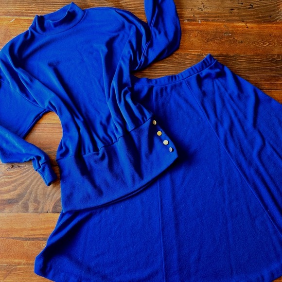 Studio Dresses & Skirts - Vintage Russ Studio Cobalt Blue Knit Skirt Set Mock‎ Neck Top Made USA